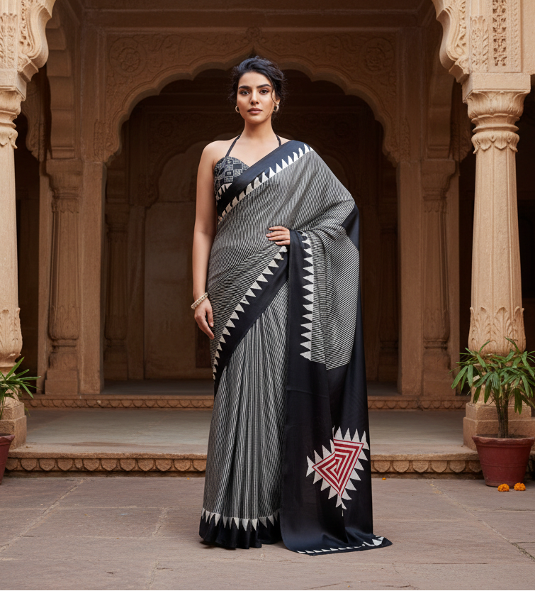 Women's Satin Crepe Printed Saree With Unstitched Blouse 5.5Mtr (Black)