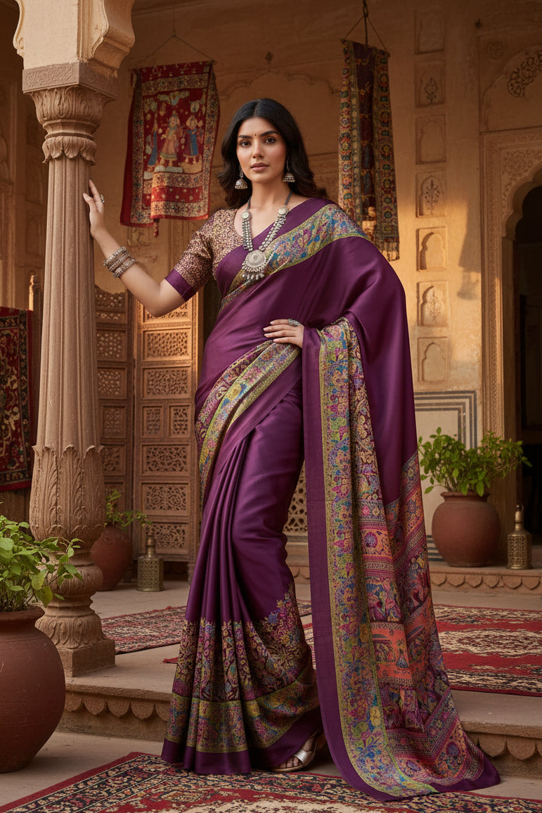 Women's Satin Crepe Printed Saree With Unstitched Blouse 5.5Mtr (Purple)