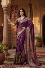 Load image into Gallery viewer, Women's Satin Crepe Printed Saree With Unstitched Blouse 5.5Mtr (Purple)
