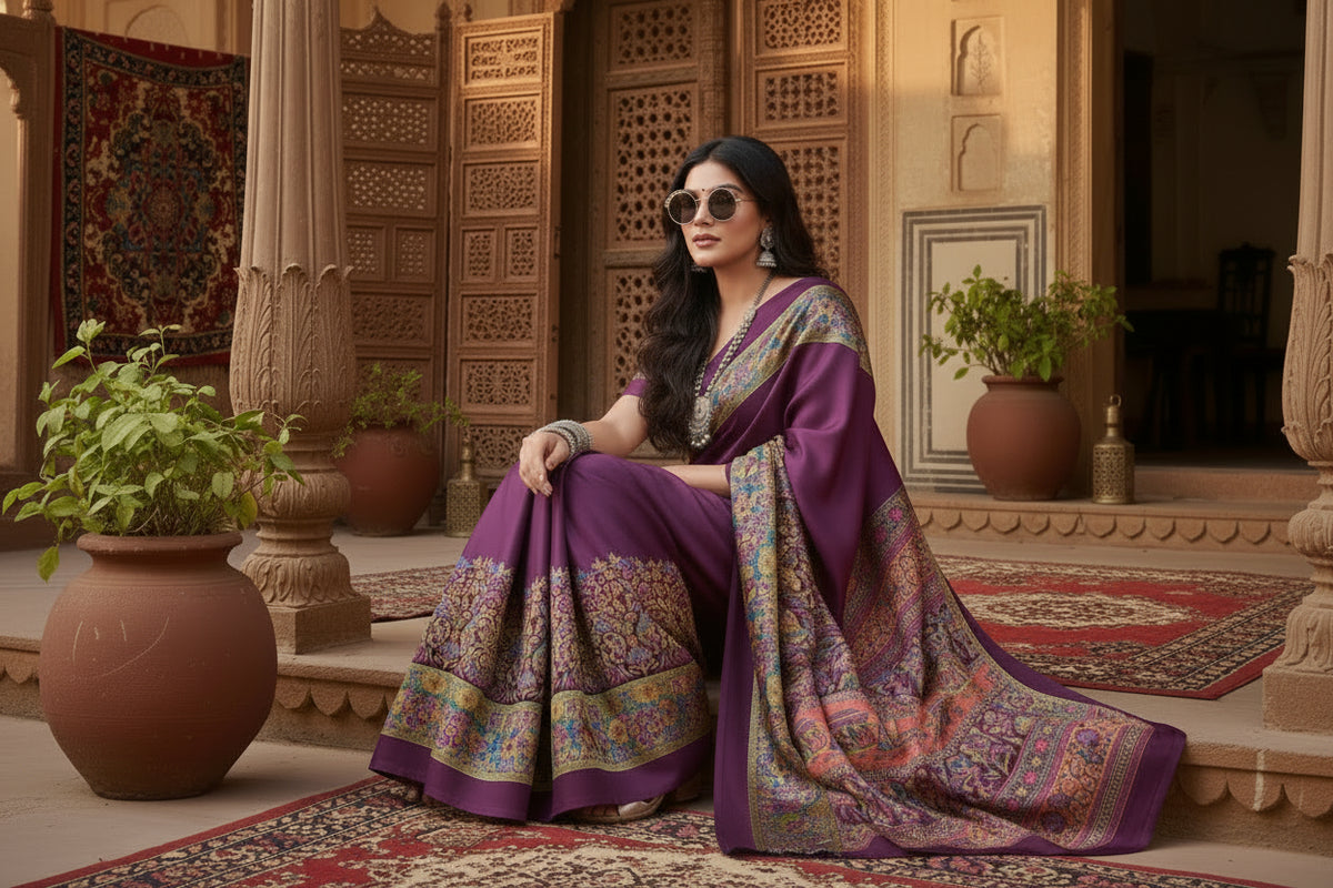 Women's satin crepe printed saree with unstitched blouse 5