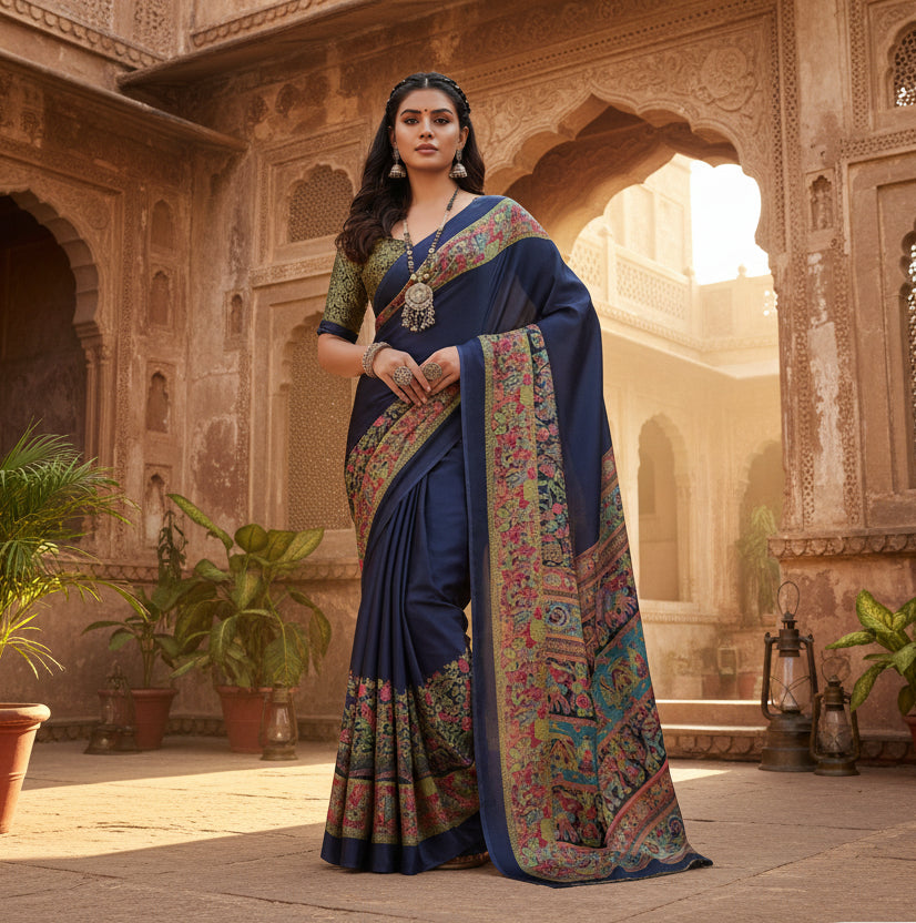 Pid 65038 women s satin crepe printed saree with unstitched blouse 5 5 mtr navy blue 1 1000x1000