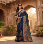 Load image into Gallery viewer, Women's Satin Crepe Printed Saree With Unstitched Blouse 5.5Mtr (Navy Blue)

