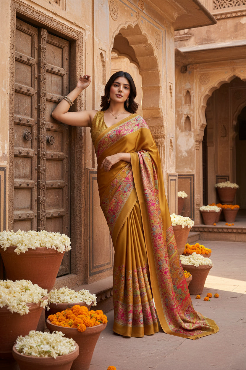 Women's Satin Crepe Printed Saree With Unstitched Blouse 5.5Mtr (Mustard)