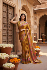 Load image into Gallery viewer, Women's Satin Crepe Printed Saree With Unstitched Blouse 5.5Mtr (Mustard)
