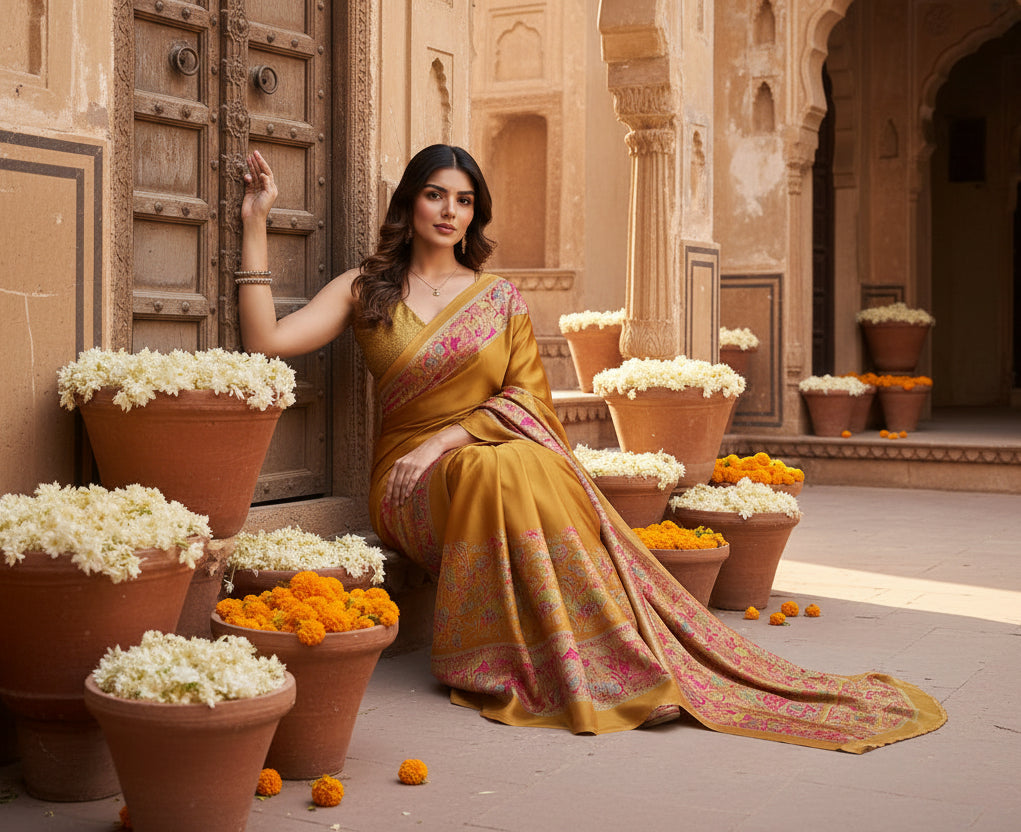 Women's Satin Crepe Printed Saree With Unstitched Blouse 5.5Mtr (Mustard)