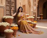 Load image into Gallery viewer, Women's Satin Crepe Printed Saree With Unstitched Blouse 5.5Mtr (Mustard)
