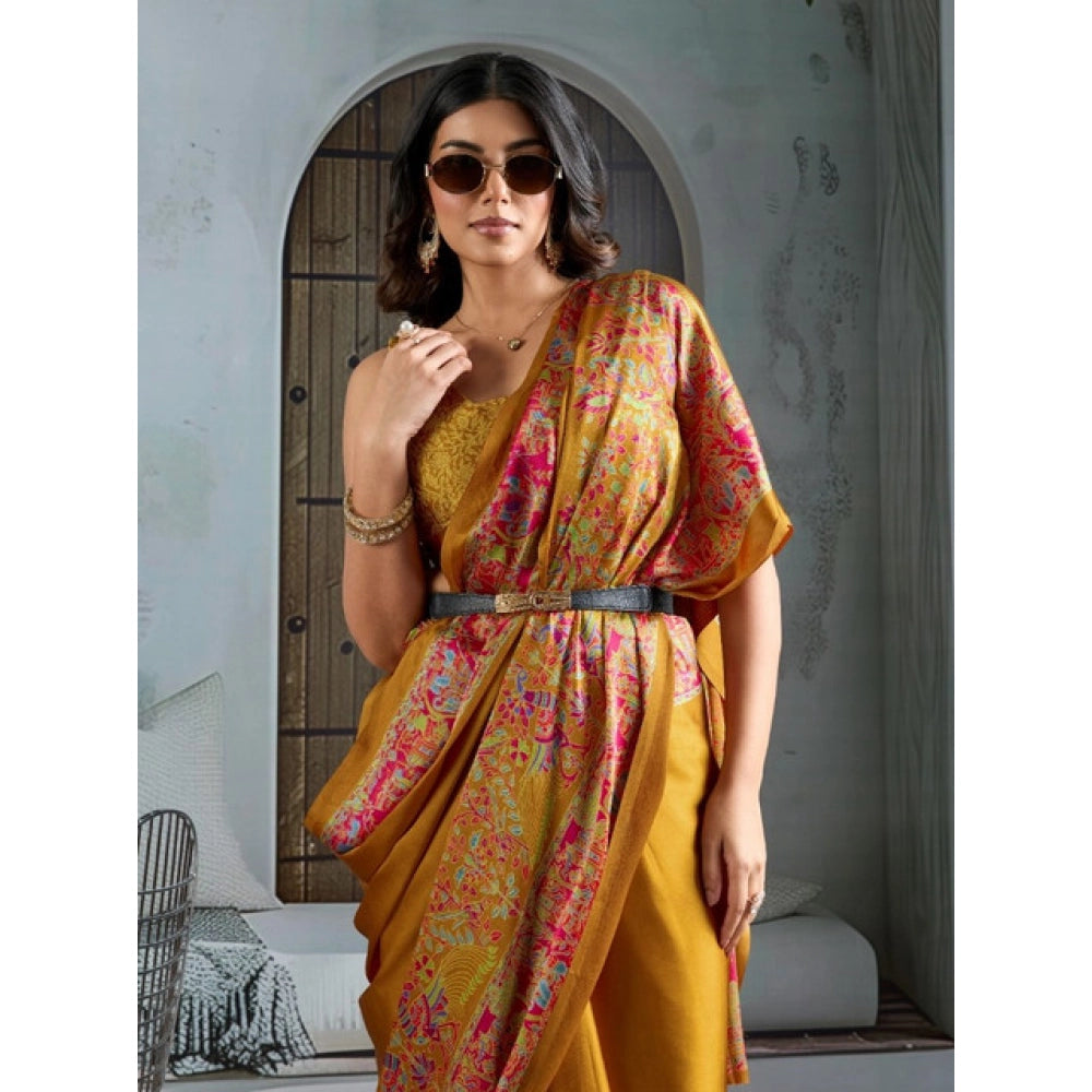 Women's satin crepe printed saree with unstitched blouse 5