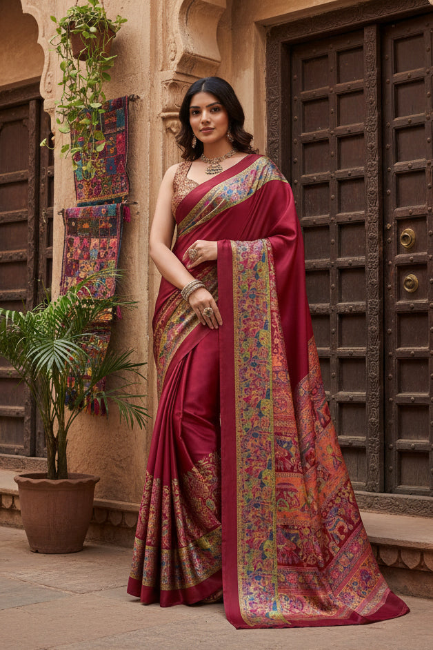Women's Satin Crepe Printed Saree With Unstitched Blouse 5.5Mtr (Maroon)
