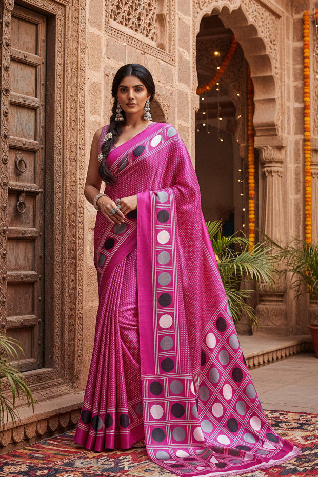 Women's Satin Crepe Printed Saree With Unstitched Blouse 5.5Mtr (Pink)