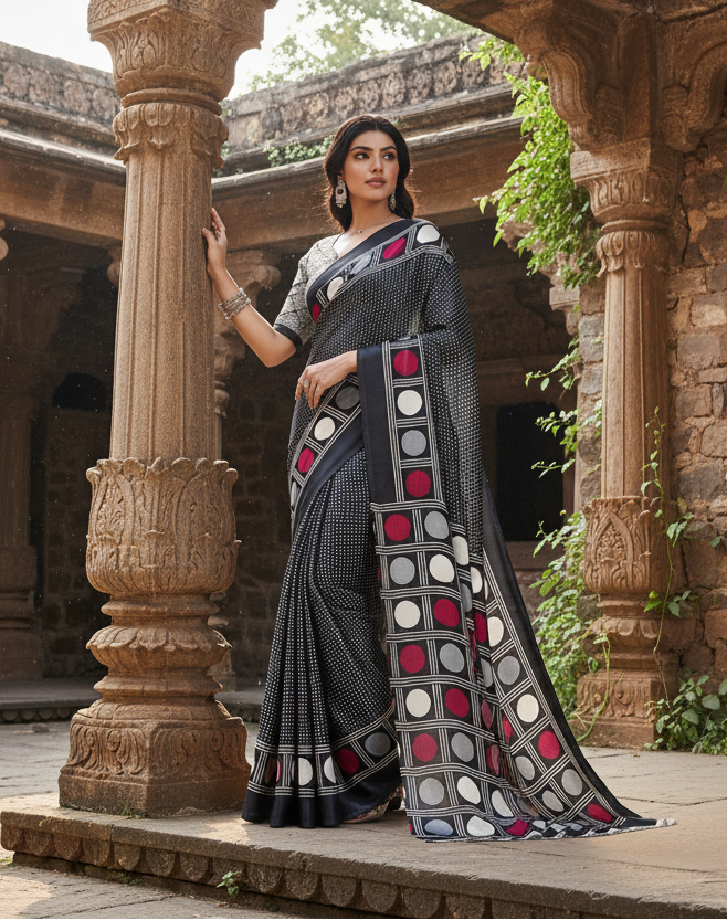 Women's Satin Crepe Printed Saree With Unstitched Blouse 5.5Mtr (Black)