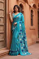 Load image into Gallery viewer, Women's Satin Crepe Printed Saree With Unstitched Blouse 5.5Mtr (Sky Blue)
