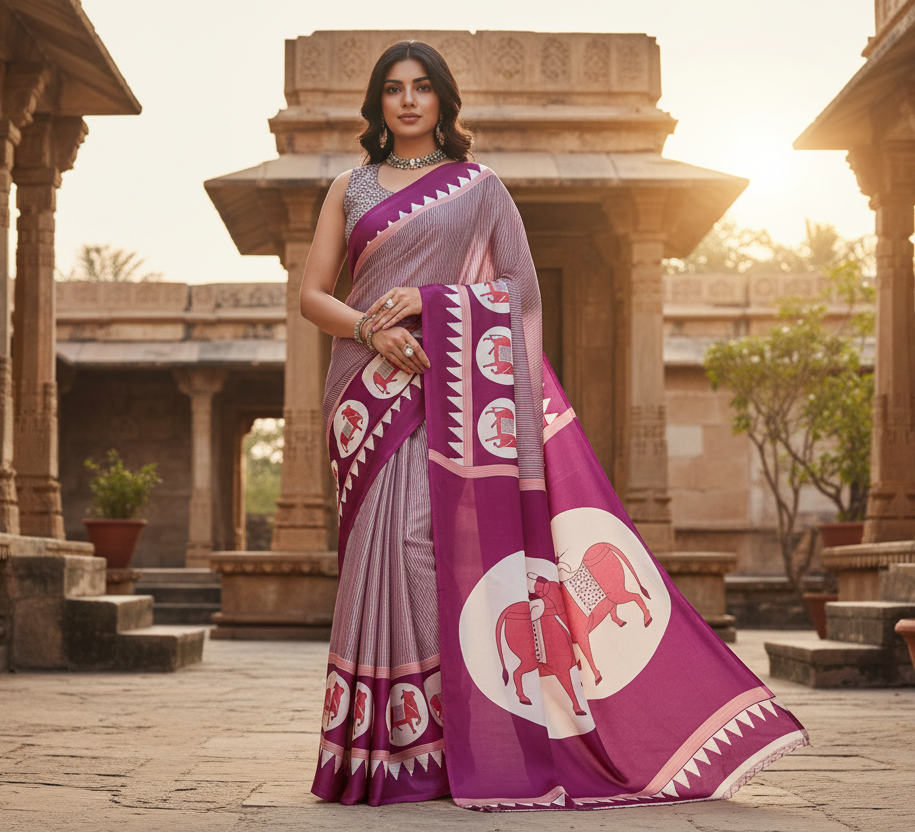 Women's Satin Crepe Printed Saree With Unstitched Blouse 5.5Mtr (Purple)