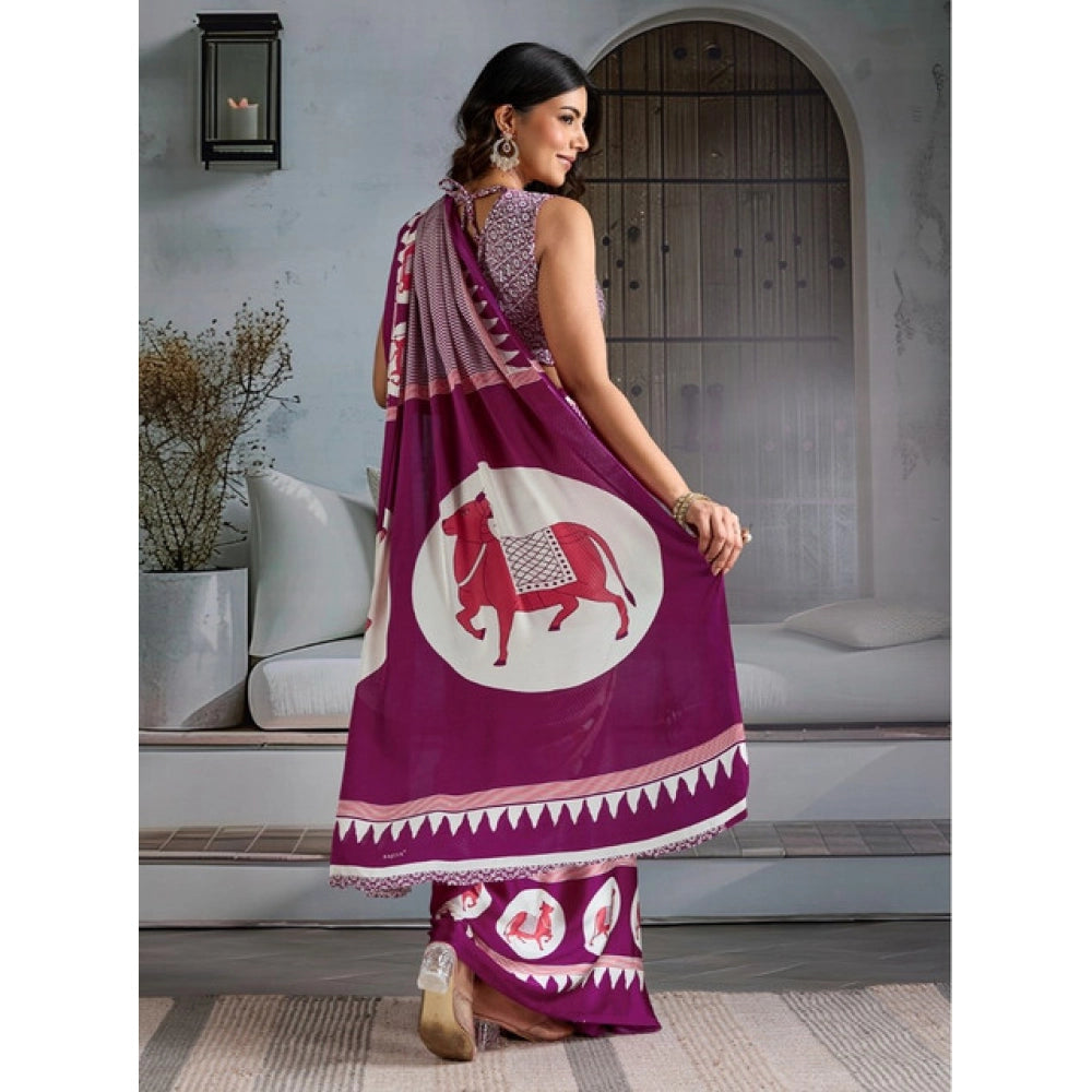 Women's satin crepe printed saree with unstitched blouse 5