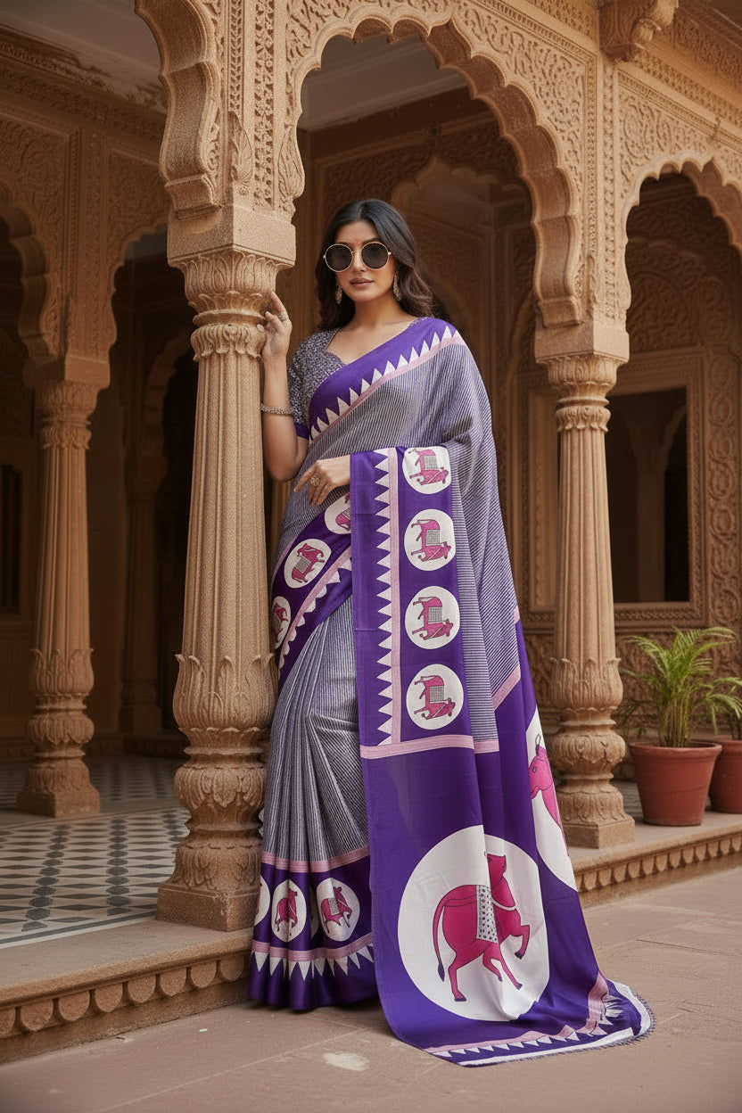Women's Satin Crepe Printed Saree With Unstitched Blouse 5.5Mtr (Blue)