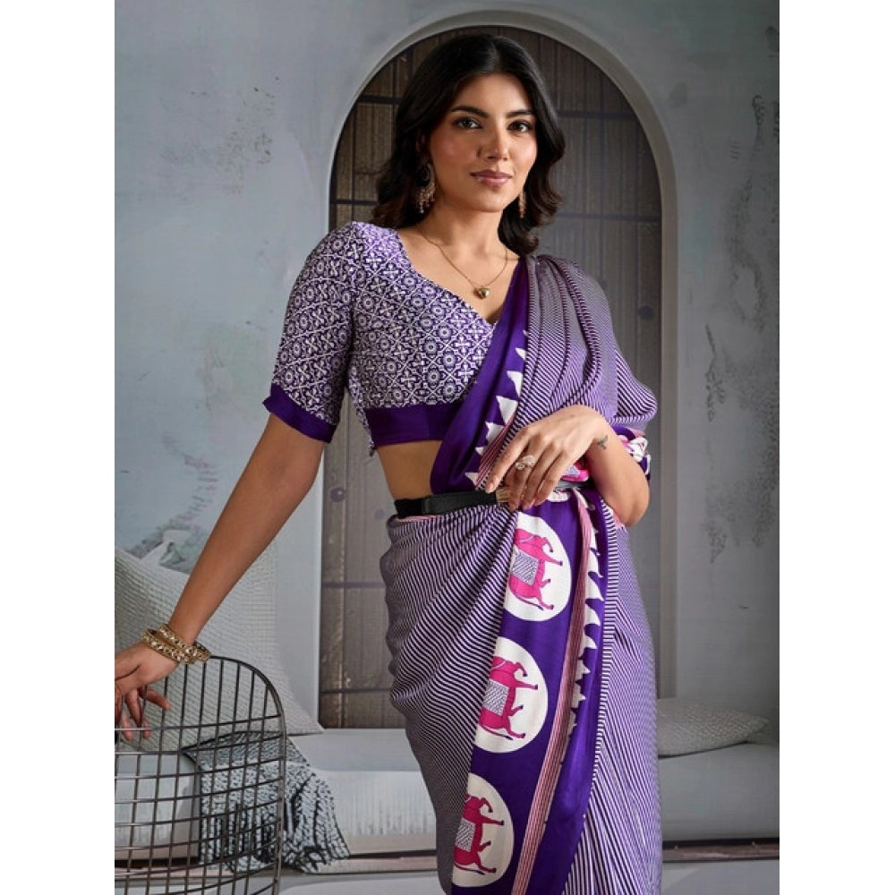 Women's satin crepe printed saree with unstitched blouse 5