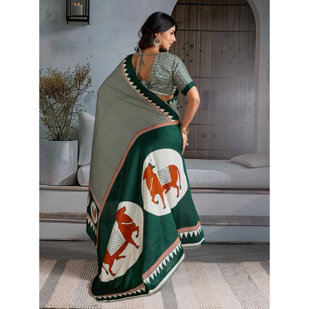 Women's satin crepe printed saree with unstitched blouse 5