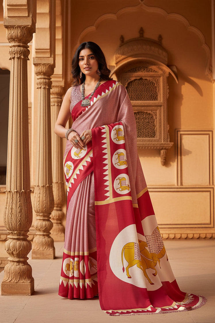 Women's Satin Crepe Printed Saree With Unstitched Blouse 5.5Mtr (Red)