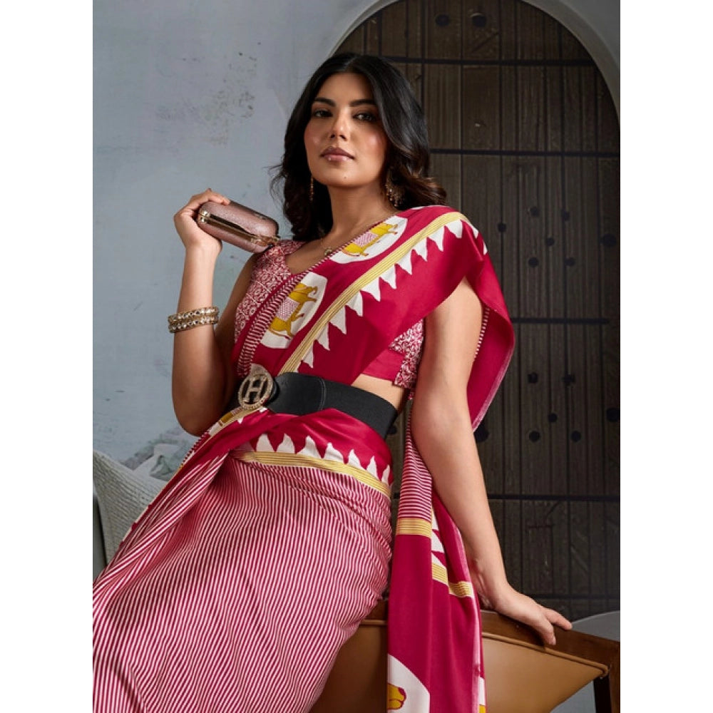 Women's satin crepe printed saree with unstitched blouse 5