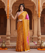 Load image into Gallery viewer, Women's Satin Crepe Printed Saree With Unstitched Blouse 5.5Mtr (Mustard)
