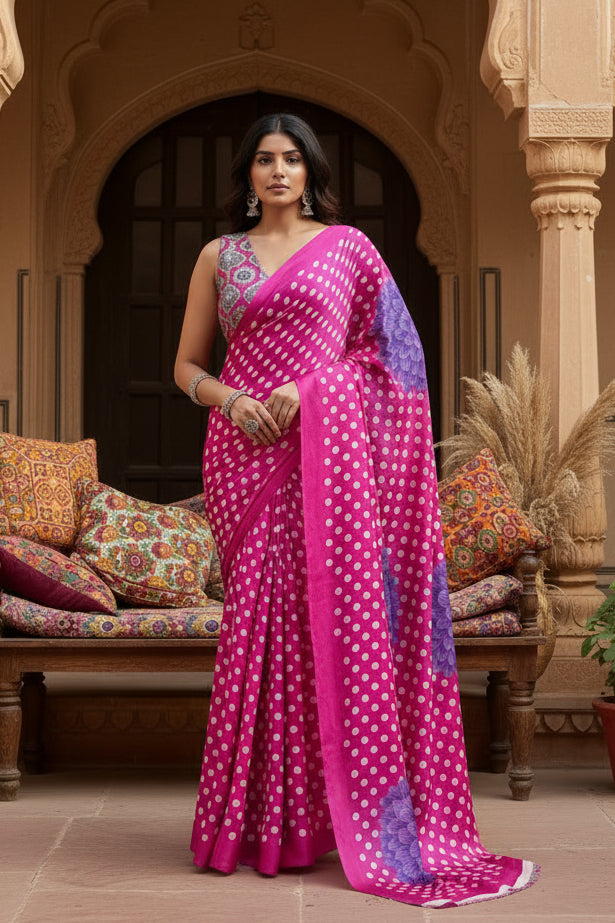 Women's Satin Crepe Printed Saree With Unstitched Blouse 5.5Mtr (Pink)