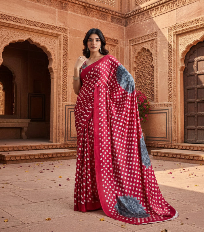 Women's Satin Crepe Printed Saree With Unstitched Blouse 5.5Mtr (Red)