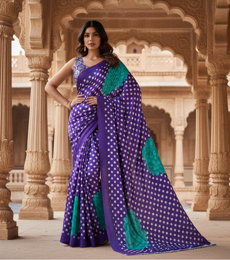 Women's Satin Crepe Printed Saree With Unstitched Blouse 5.5Mtr (Purple)