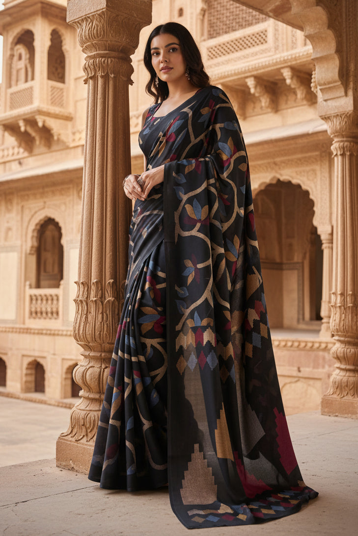 Pid 65061 women s satin crepe printed saree with unstitched blouse 5 5 mtr black 1 1000x1000