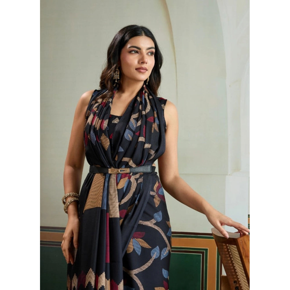 Women's satin crepe printed saree with unstitched blouse 5