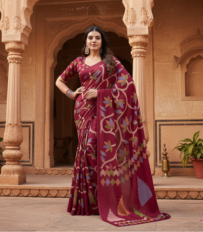 Pid 65062 women s satin crepe printed saree with unstitched blouse 5 5 mtr maroon 1 1000x1000