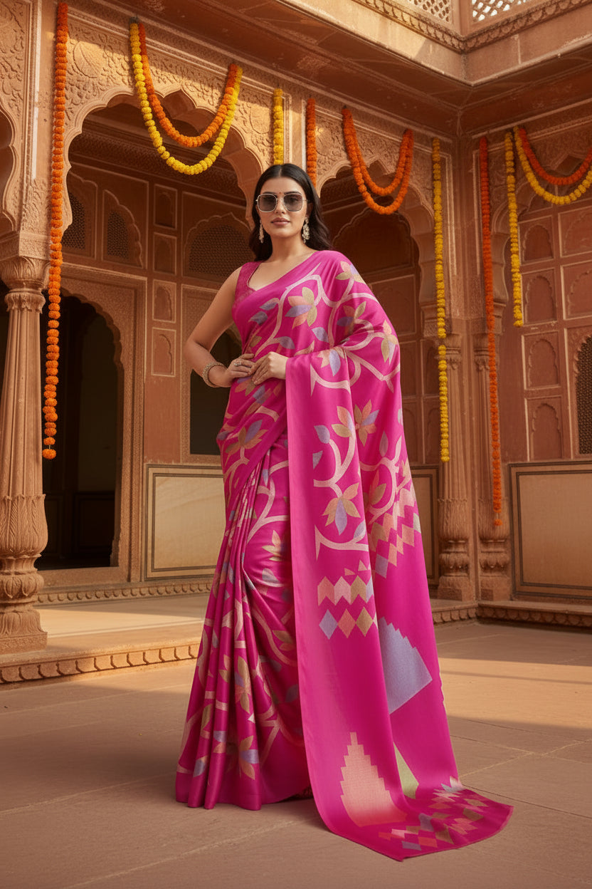 Women's Satin Crepe Printed Saree With Unstitched Blouse 5.5Mtr (Pink)