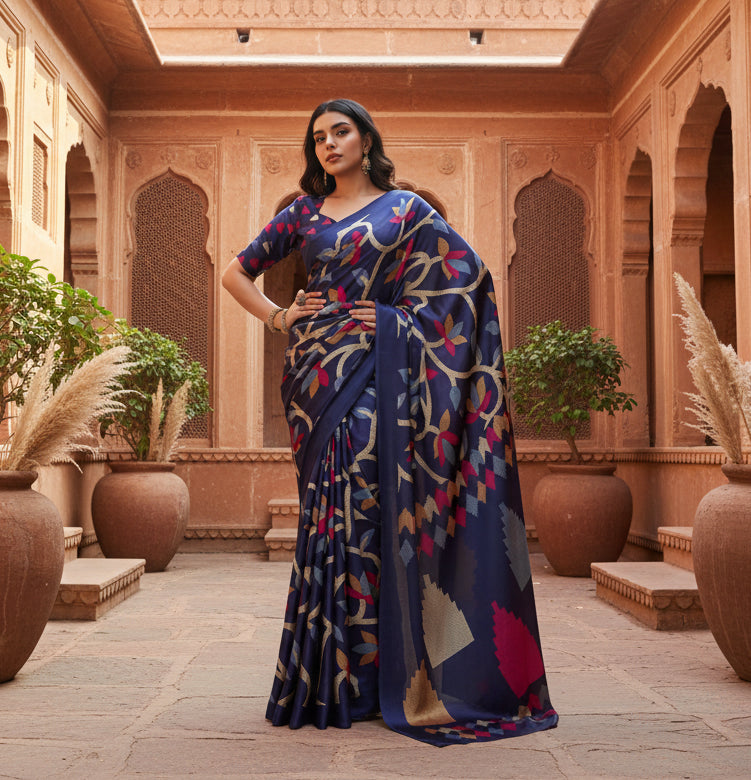 Women's Satin Crepe Printed Saree With Unstitched Blouse 5.5Mtr (Navy Blue)
