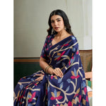 Load image into Gallery viewer, Women's Satin Crepe Printed Saree With Unstitched Blouse 5.5Mtr (Navy Blue)
