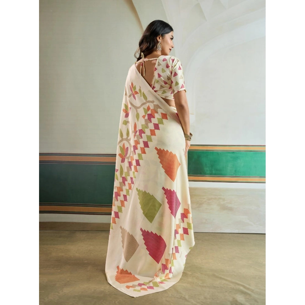 Women's satin crepe printed saree with unstitched blouse 5