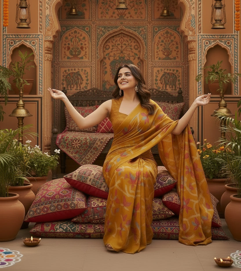 Women's Satin Crepe Printed Saree With Unstitched Blouse 5.5Mtr (Mustard)