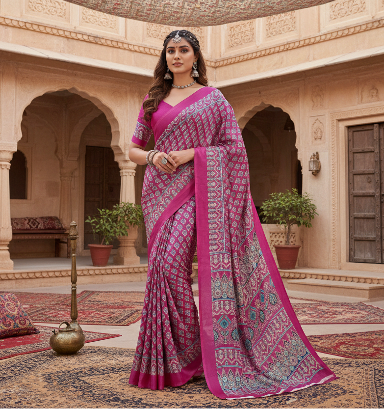 Women's Satin Crepe Printed Saree With Unstitched Blouse 5.5Mtr (Pink)