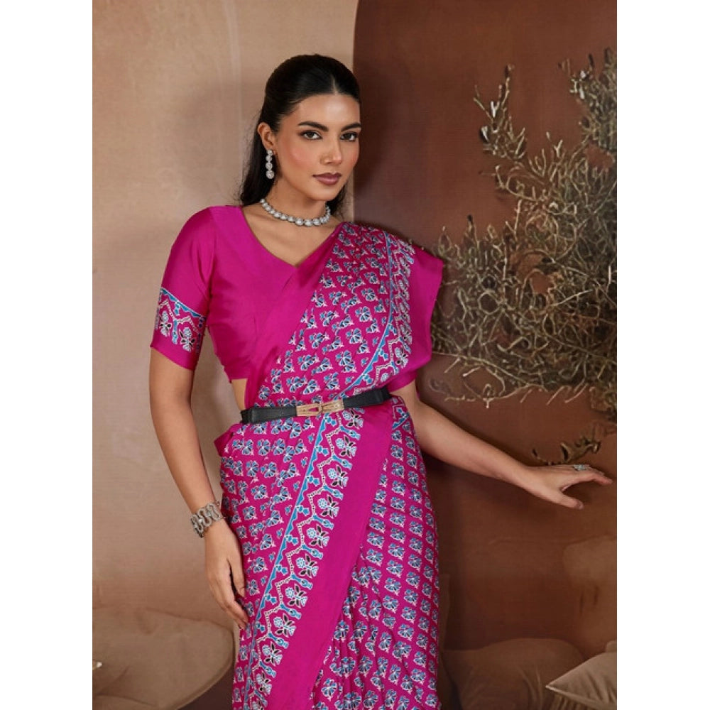 Women's satin crepe printed saree with unstitched blouse 5