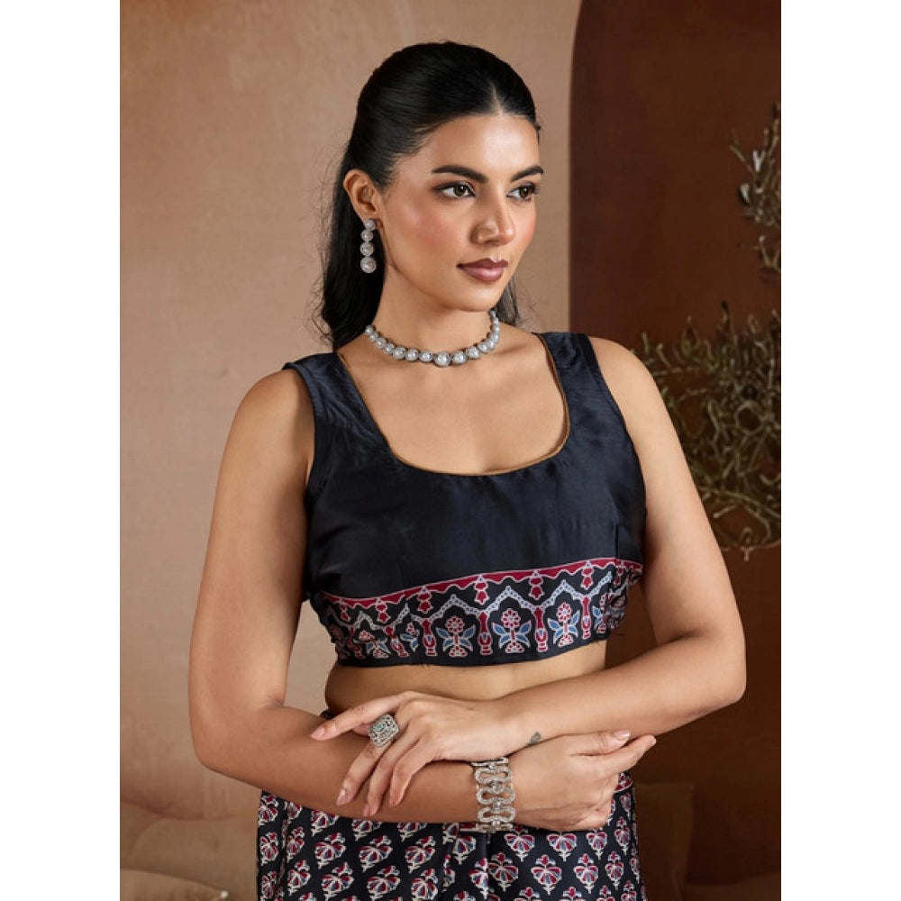 Women's satin crepe printed saree with unstitched blouse 5
