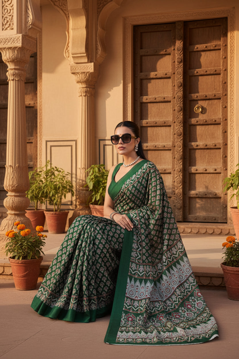 Women's Satin Crepe Printed Saree With Unstitched Blouse 5.5Mtr (Green)