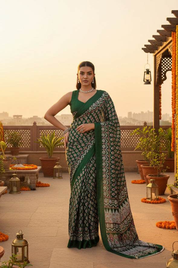 Women's Satin Crepe Printed Saree With Unstitched Blouse 5.5Mtr (Green)