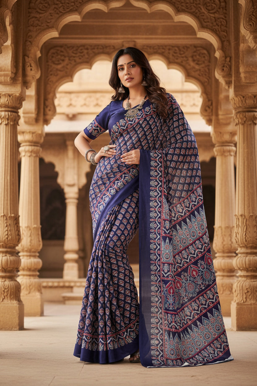 Women's Satin Crepe Printed Saree With Unstitched Blouse 5.5Mtr (Navy Blue)