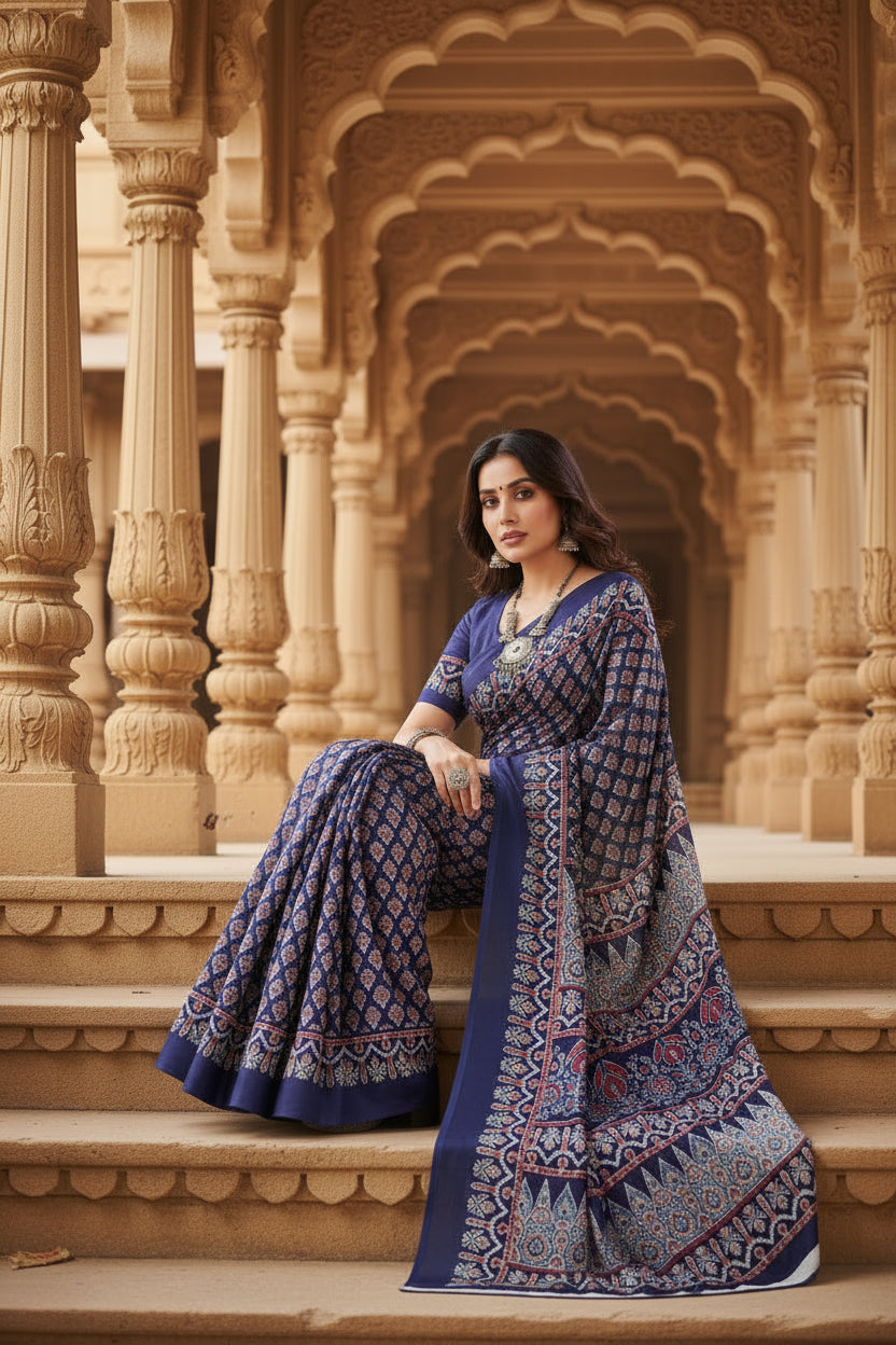 Women's Satin Crepe Printed Saree With Unstitched Blouse 5.5Mtr (Navy Blue)