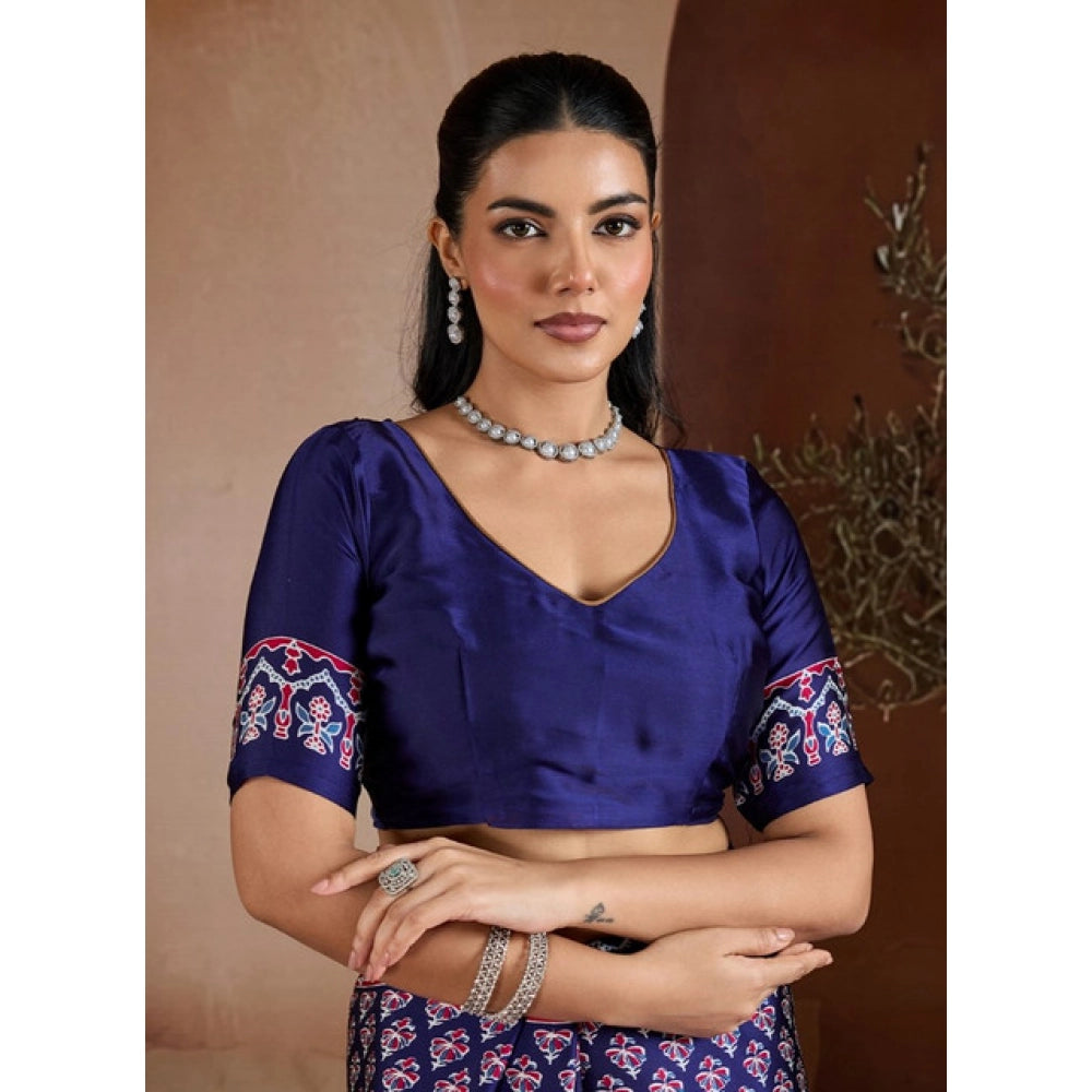 Women's satin crepe printed saree with unstitched blouse 5