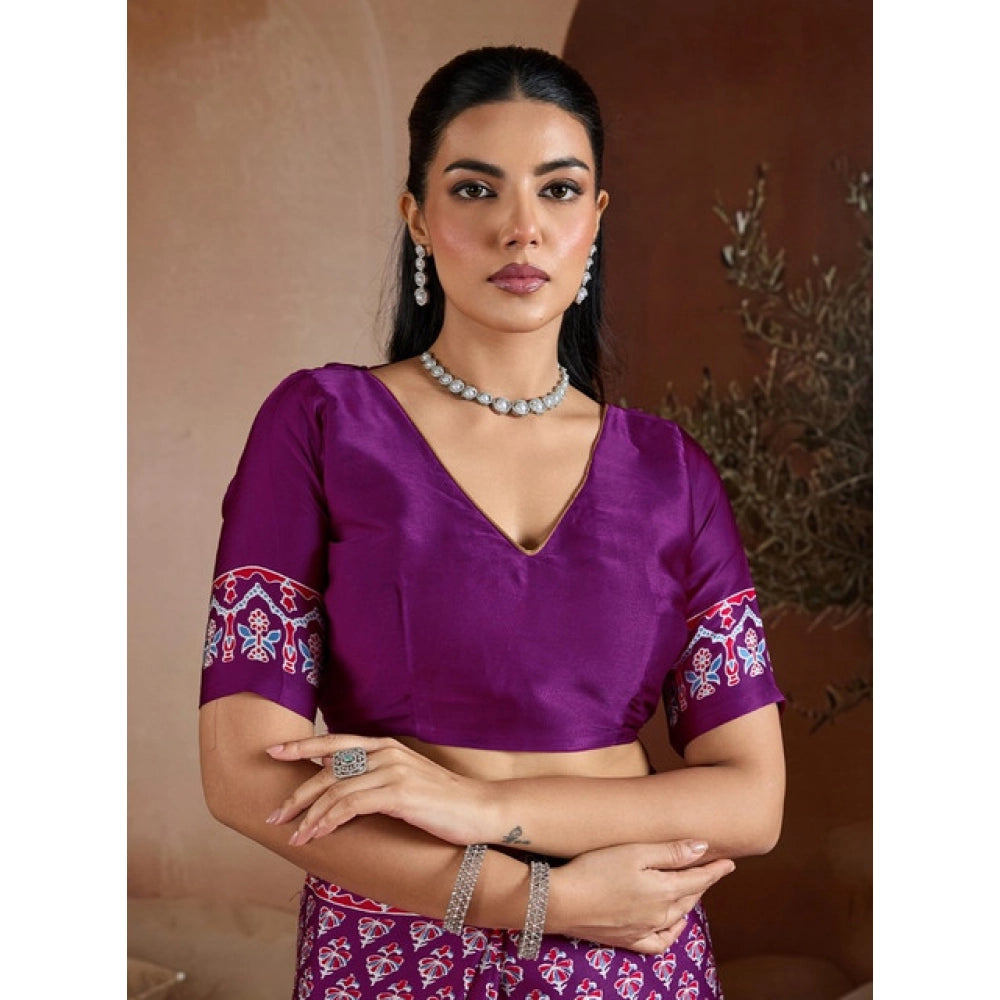 Women's satin crepe printed saree with unstitched blouse 5