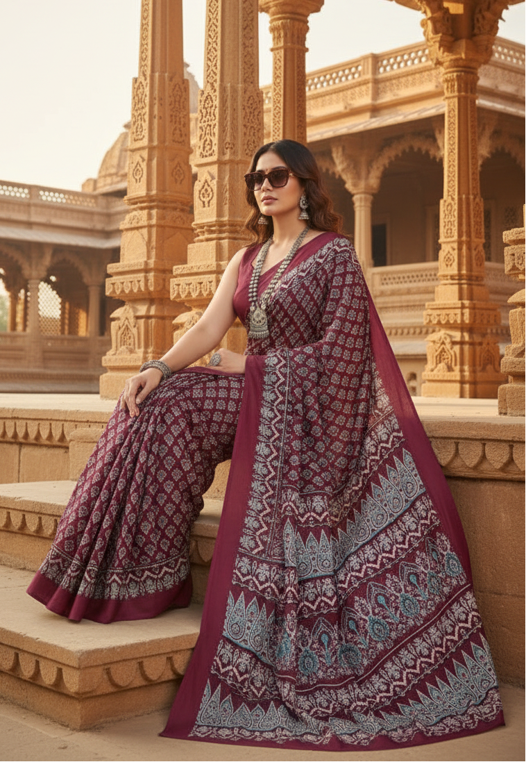 Women's Satin Crepe Printed Saree With Unstitched Blouse 5.5Mtr (Maroon)