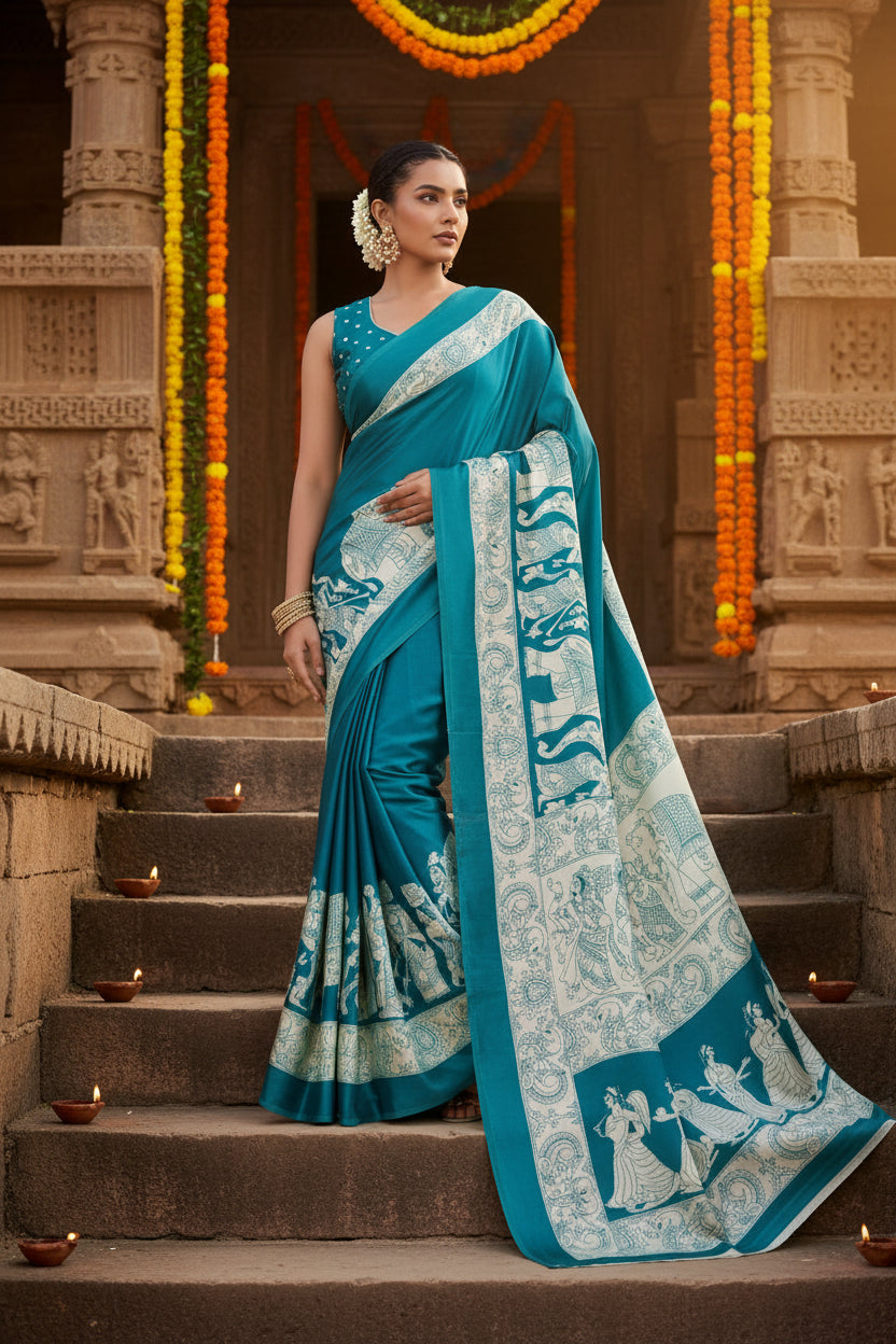 Women's Satin Crepe Printed Saree With Unstitched Blouse 5.5Mtr (Sky Blue)