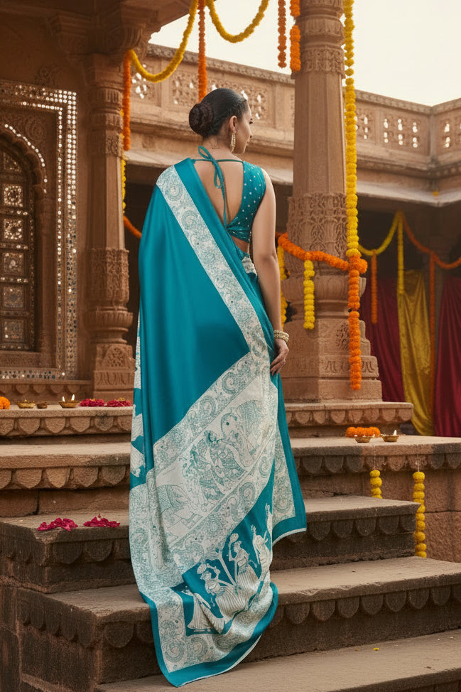 Women's satin crepe printed saree with unstitched blouse 5