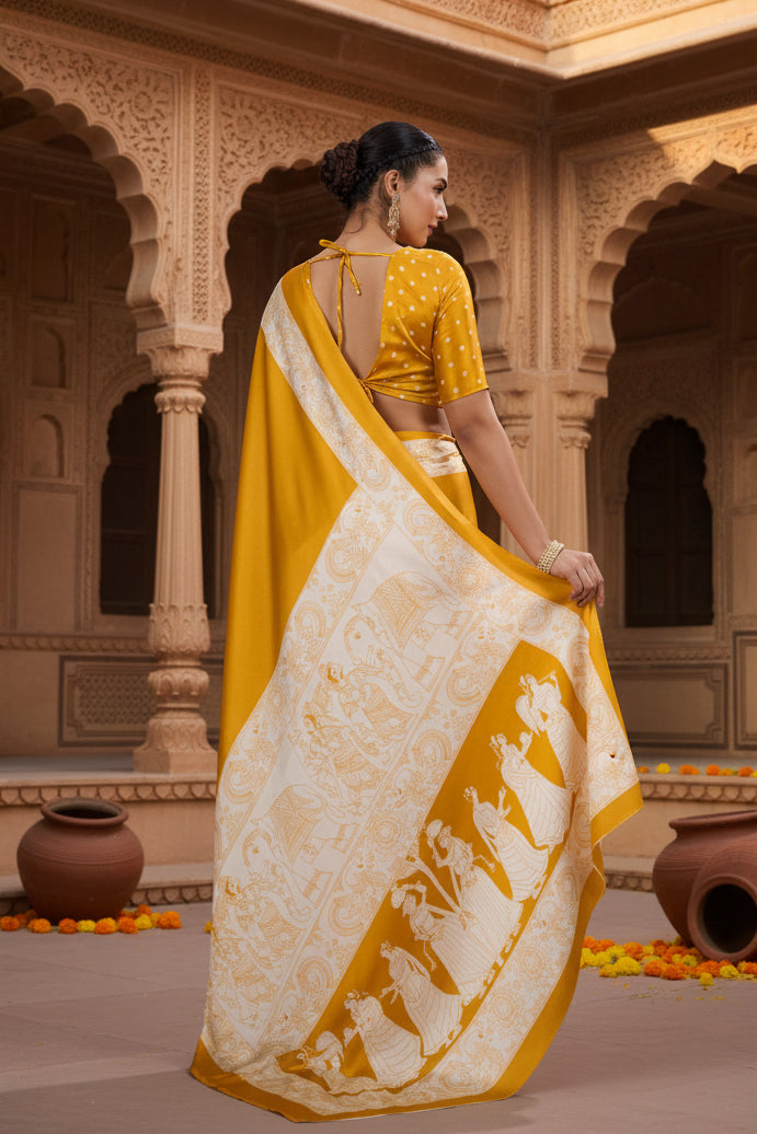 Women's Satin Crepe Printed Saree With Unstitched Blouse 5.5Mtr (Mustard)