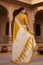 Load image into Gallery viewer, Women's Satin Crepe Printed Saree With Unstitched Blouse 5.5Mtr (Mustard)
