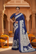 Load image into Gallery viewer, Women's Satin Crepe Printed Saree With Unstitched Blouse 5.5Mtr (Blue)
