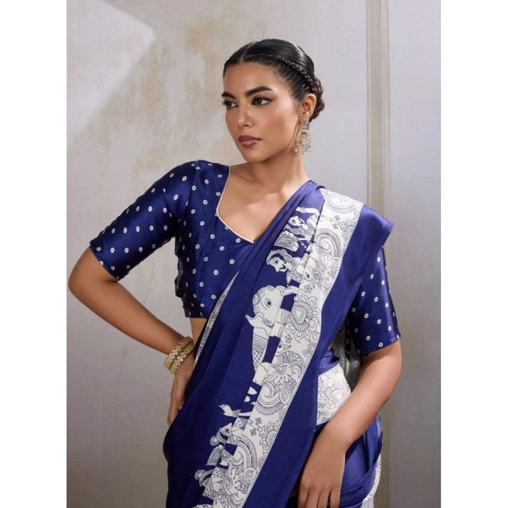 Women's satin crepe printed saree with unstitched blouse 5